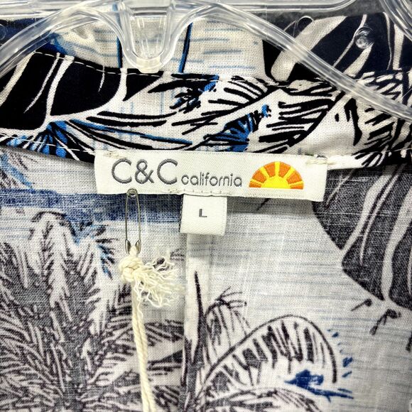 C&C California Top womens Large Blue crop front tie button beach Hawaiian Blouse - Picture 11 of 16